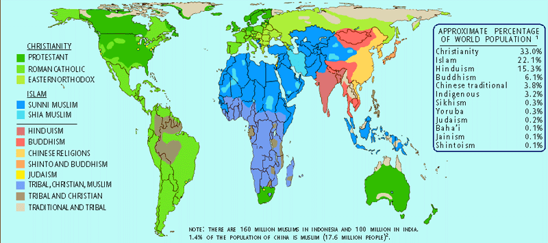 General contemporary distribution of the dominant religions